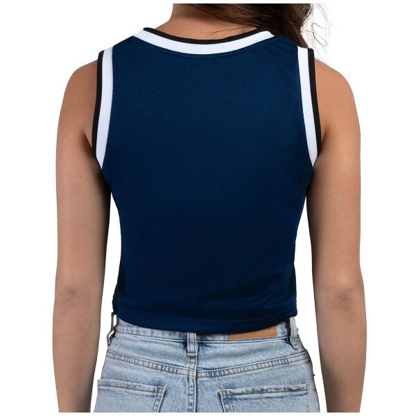 back view of model wearing women's navy cropped basketball jersey